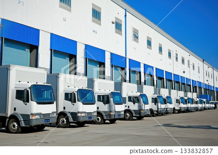 A row of white trucks are parked in a large building 133832857