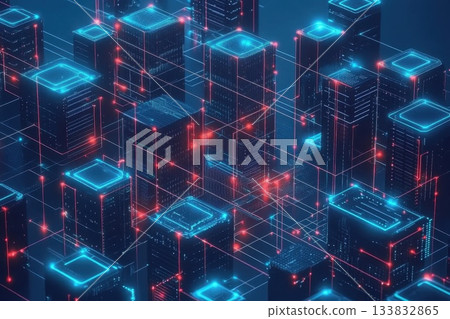 Modern Data Center with Glowing Digital Connections and Nodes Modern Data Center with Glowing Digital Connections and Nodes 133832865