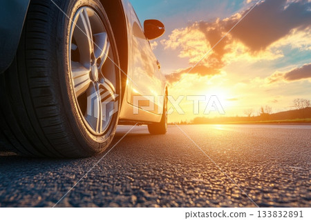 Car Driving Into Scenic Sunset with Focus on Wheel and Road 133832891