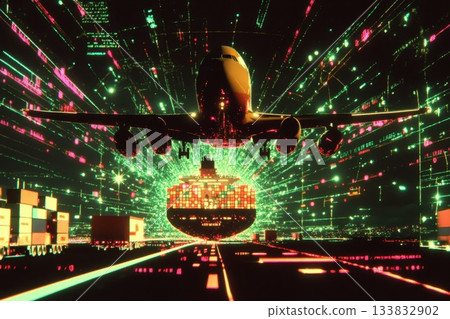 Futuristic Airplane Flying Over Digital Map Projection with Cargo 133832902