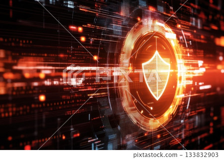 A glowing, pixelated image of a shield with a red border 133832903