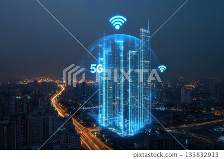 A city skyline with a blue circle around it that says 5G 133832913
