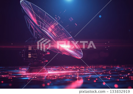Satellite Dish Beaming High-Speed Signals in Futuristic Setting 133832919