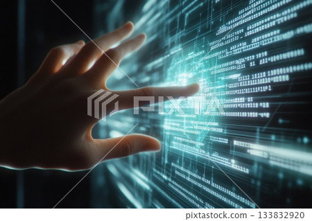 Hand Reaching Towards Digital Binary Code Matrix in Futuristic Technology Concept 133832920