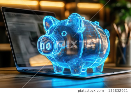 Minimalist Workspace Featuring Glowing Digital Piggy Bank on Laptop Screen Minimalist Workspace Featuring Glowing Digital Piggy Bank on Laptop Screen 133832921