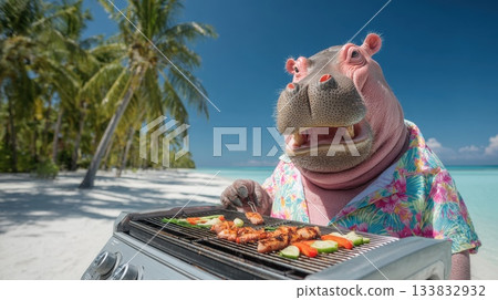 Cheerful Hippo in Tropical Shirt Barbecuing Veggies on Beach with Palm Trees and Blue Sky 133832932