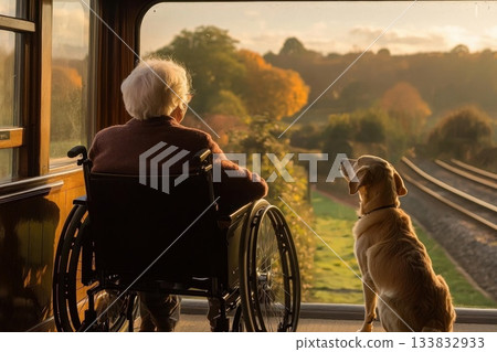 Elderly Person in Wheelchair with Dog Enjoying Scenic View Through Window 133832933