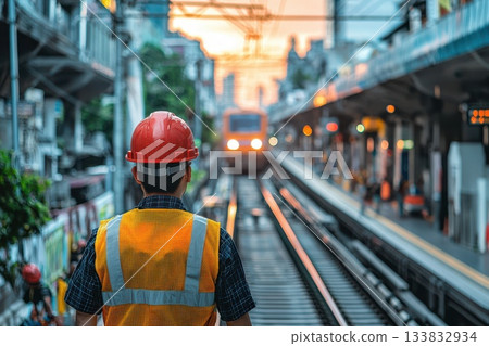 Railway Maintenance Worker in Red Hard Hat Overseeing Train Operations 133832934