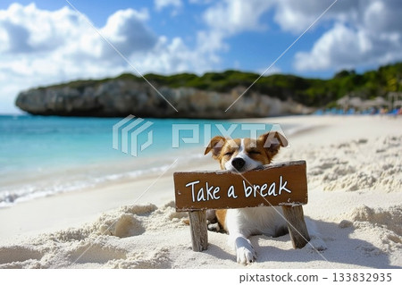 Cute Dog Relaxing on the Beach with Take a Break Sign in Summer Bliss 133832935