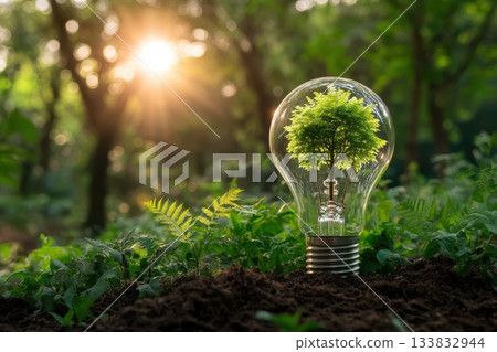 Conceptual Light Bulb with Green Tree Inside Set in Lush Nature Environment at Sunset Conceptual Light Bulb with Green Tree Inside Set in Lush Nature Environment at Sunset 133832944