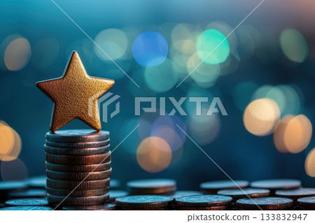 Golden Star on Stacked Coins Representing Success and Financial Achievement Against a Blurred Background Golden Star on Stacked Coins Representing Success and Financial Achievement Against a Blurred Background 133832947
