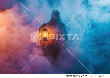 A ghostly figure is holding a lantern in a misty, blue and purple atmosphere A ghostly figure is holding a lantern in a misty, blue and purple atmosphere 133832950
