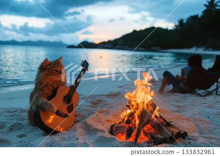 Cozy Bonfire on the Beach with Travelers Enjoying a Serene Evening by the Shore 133832961