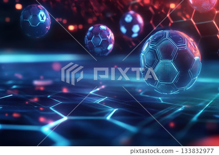 A bunch of soccer balls are floating in the air 133832977