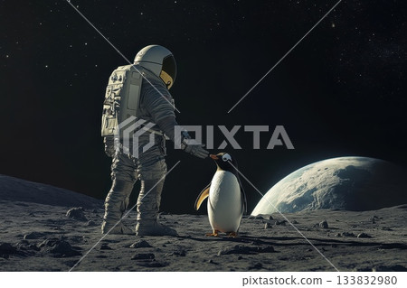 Astronaut Interacting with Penguin on the Lunar Surface Under a Starry Sky Astronaut Interacting with Penguin on the Lunar Surface Under a Starry Sky 133832980