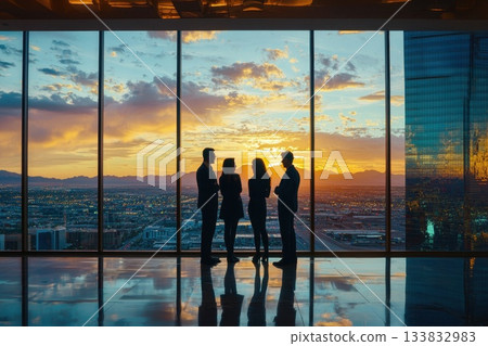 A group of people are standing in front of a window 133832983