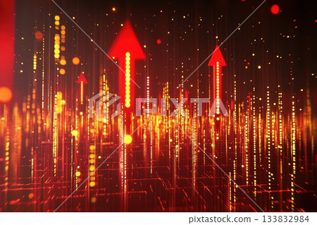 A red and yellow background with three arrows pointing upwards 133832984