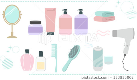 Hair care product illustration set: tabletop mirror, shampoo, hair dryer, etc. 133833002