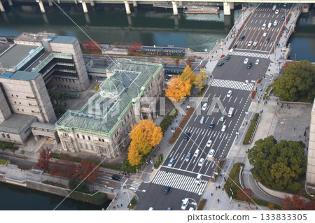 從上方俯瞰日本銀行大阪支行和禦堂筋街 從上方俯瞰日本銀行大阪支行和禦堂筋街 133833305