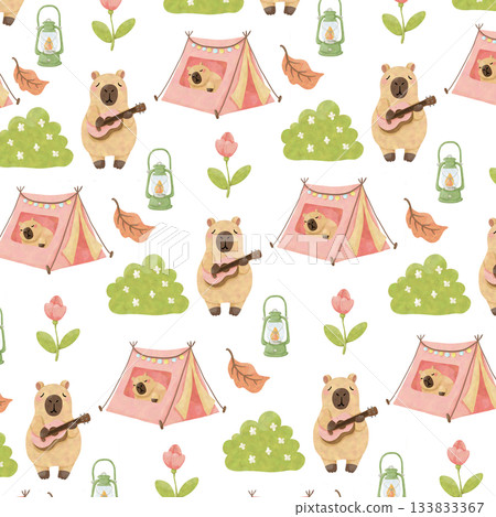 seamless pattern with capybara camping 133833367