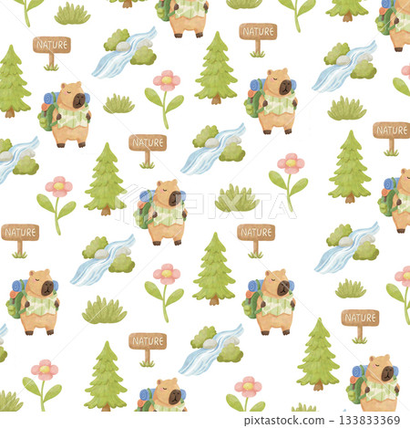 seamless pattern with capybara camping 133833369