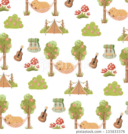 seamless pattern with capybara camping 133833376