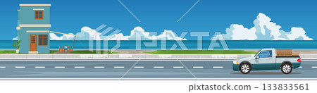 Landscape banner pickup trucks driving on the road asphalt road. Convenience store prominently located on the roadside with concrete seawalls. Vast blue sea in summer. Under blue sky and white clouds. 133833561