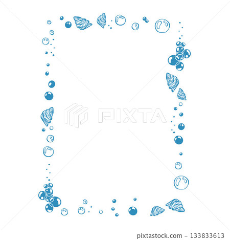 Doodle frame of shell and bubbles. Frame on the theme of sea vacation. Vector illustration 133833613