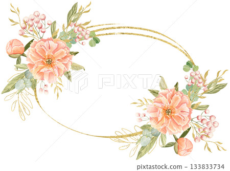 Watercolor floral frame with soft peach peonies, eucalyptus, berries, and gold oval accents, isolated on white. Ideal for wedding invitations, branding, stationery, elegant decorative design projects 133833734