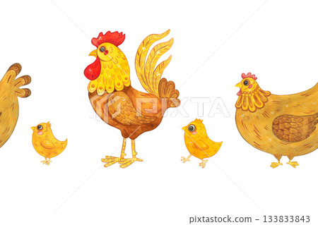 Seamless border with a hen, chicks, and a rooster. Hand-drawn watercolor illustration, cartoon. Farm, animals, bird, village, poultry farm, eggs, eco-friendly, product, sale, fairy tale, kids Seamless border with a hen, chicks, and a rooster. Hand-drawn watercolor illustration, cartoon. Farm, animals, bird, village, poultry farm, eggs, eco-friendly, product, sale, fairy tale, kids 133833843