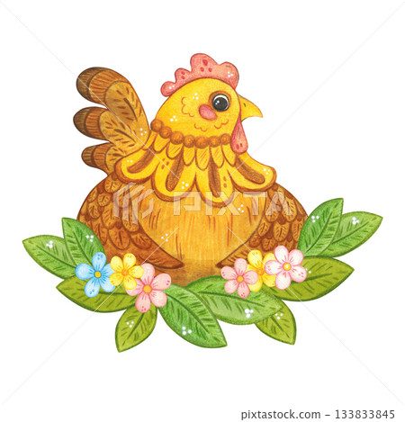 Brown chicken among green leaves and flowers. Hand-drawn watercolor illustration, cartoon. Farm, animals, bird, village, poultry farm, holiday, children, Easter, eggs Brown chicken among green leaves and flowers. Hand-drawn watercolor illustration, cartoon. Farm, animals, bird, village, poultry farm, holiday, children, Easter, eggs 133833845