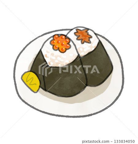 水彩風格的餐盤插圖，描繪了一個米飯團，裡麵包裹著鮭魚籽和鮭魚餡料，隱約可見。 133834050