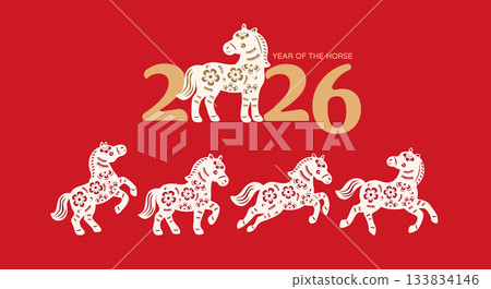 A set of Horse zodiac designs in paper cut style. 133834146