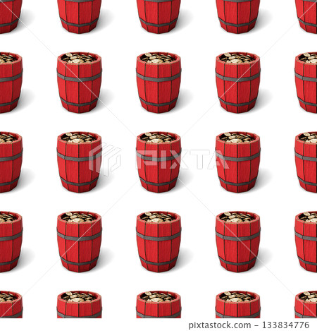 Seamless Pattern with Vintage Red Barrels on White Background. 3D Illustration. File with Clipping Path 133834776