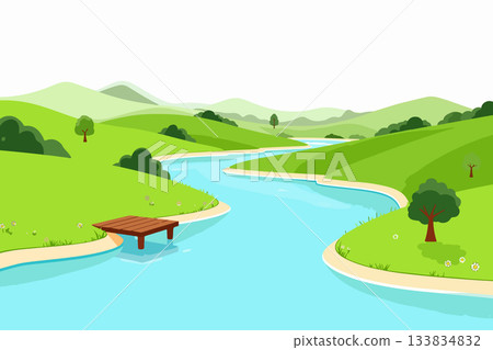 Scenic River Landscape with Wooden Dock Scenic River Landscape with Wooden Dock 133834832