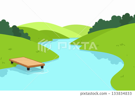 Scenic River Landscape with Wooden Dock 133834833