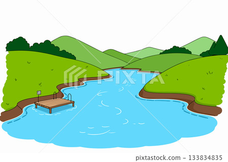 Scenic River Landscape with Wooden Dock Scenic River Landscape with Wooden Dock 133834835
