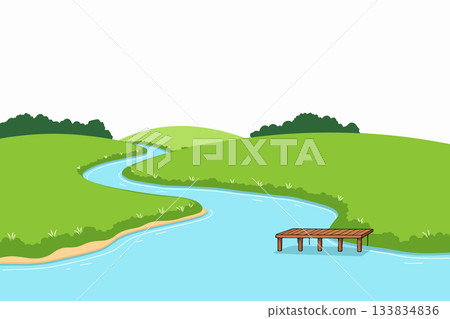 Scenic River Landscape with Wooden Dock 133834836