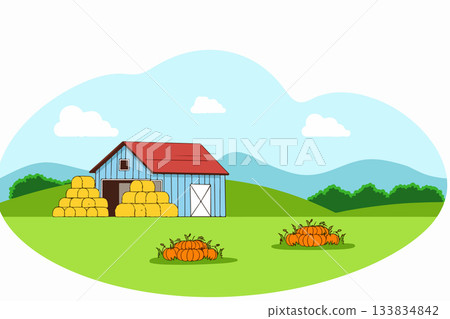 Farm with Barn, Hay Bales, and Pumpkins 133834842