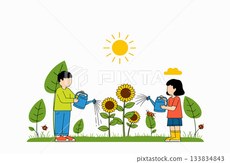 Children Watering Sunflowers Children Watering Sunflowers 133834843