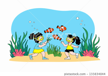 Children Snorkeling with Clownfish Children Snorkeling with Clownfish 133834844