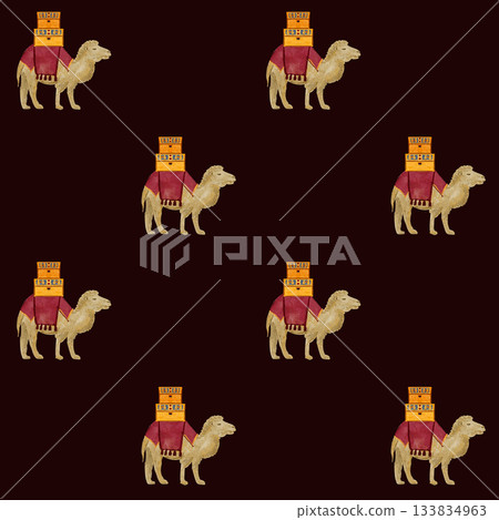 Camel with saddle blankets, golden chests Christmas gifts watercolor illustration. Hand painted seamless pattern on black for cards, posters, stickers, tape, decoration for celebration of Christmas 133834963