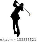 A silhouette of a woman swinging a golf  133835521