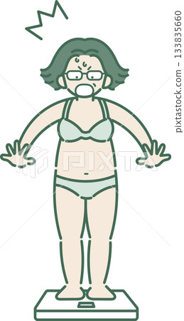 插圖描繪了一位四十多歲的女性站上體重秤，對自己的體重增加感到震驚。 133835660