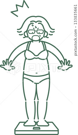 一位四十多歲的女性站上體重秤，對自己的體重增加感到震驚（僅線條畫） 133835661