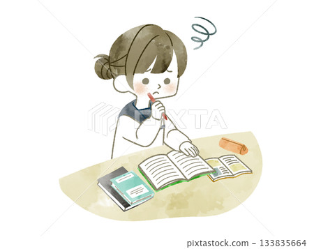 Female student worried about studying-Watercolor Female student worried about studying-Watercolor 133835664
