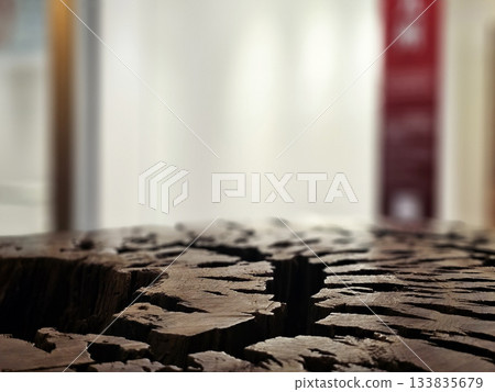 Close up of weathered wooden surface with deep cracks and blurred background. 133835679