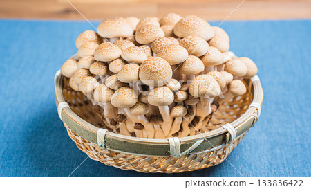 Fresh Bunashimeji mushrooms in a basket, adding color to your dining table 133836422