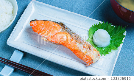 Grilled salted salmon and grated daikon radish - Japanese set meal Grilled salted salmon and grated daikon radish - Japanese set meal 133836915
