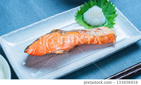 Grilled salted salmon and grated daikon radish - Japanese set meal Grilled salted salmon and grated daikon radish - Japanese set meal 133836918